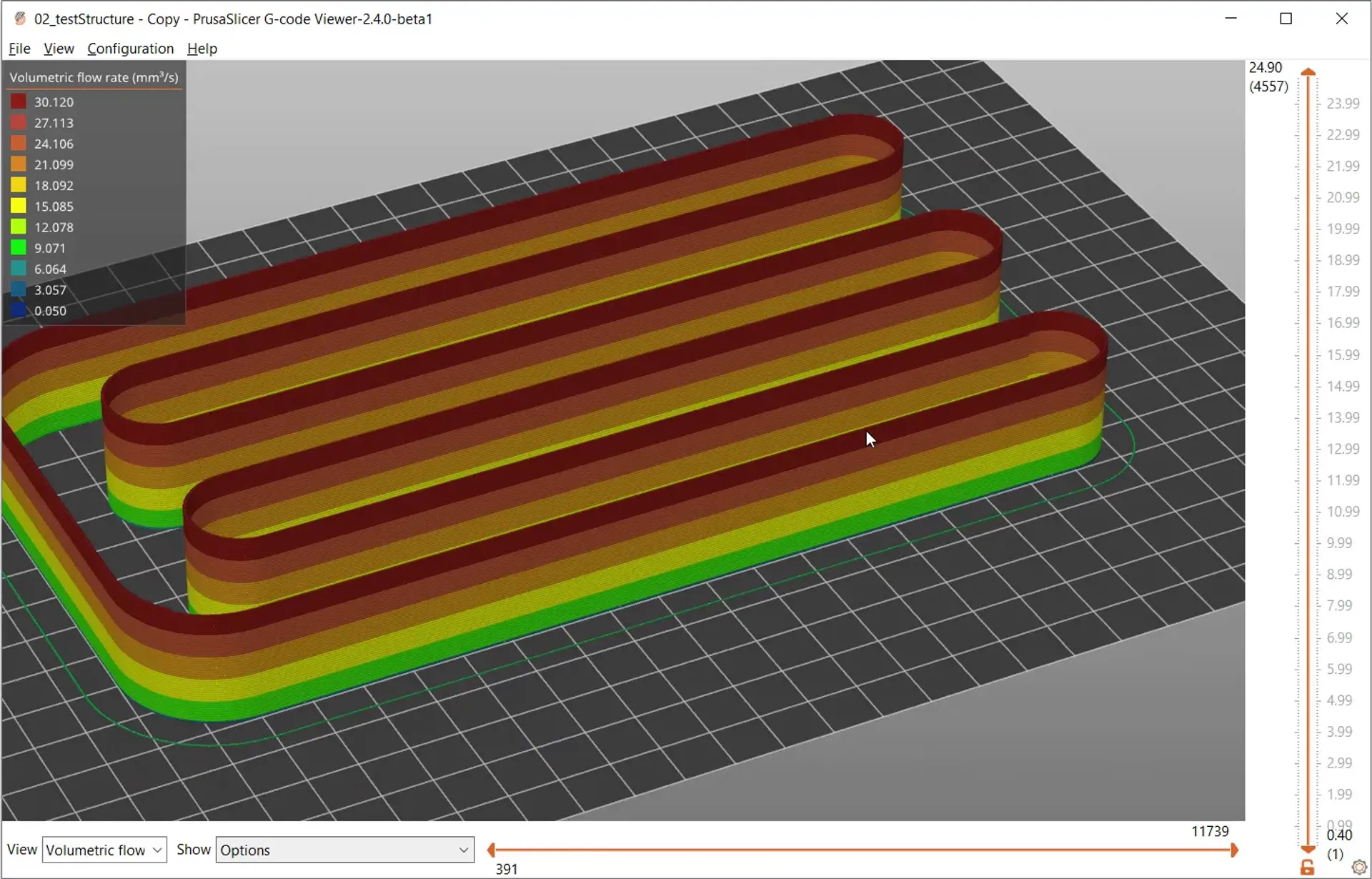 Visualización del flujo volumétrico en una pieza de prueba de impresión 3D, mostrando cómo cambia la cantidad de material extruido por segundo según la velocidad y la geometría.